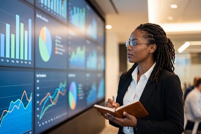 Business woman analyzing data and charts